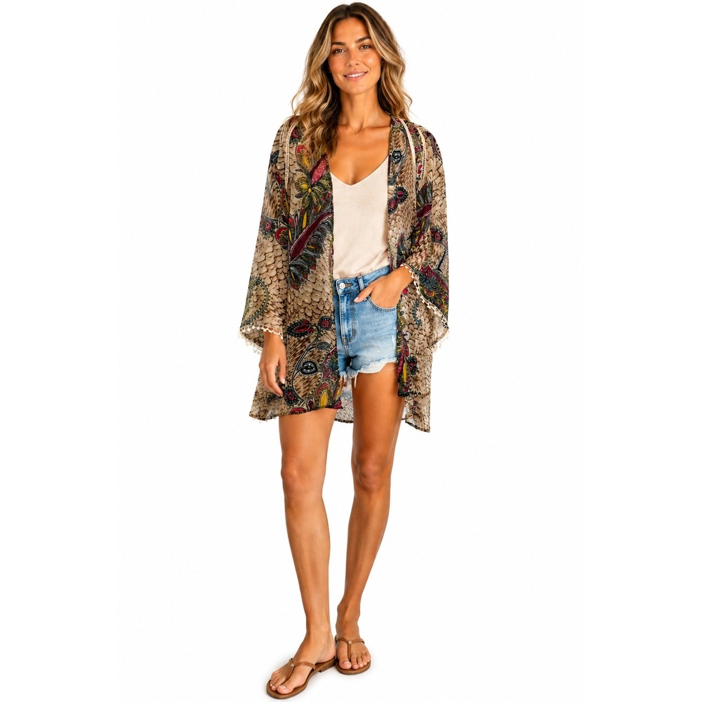 Primrose Paisley Print Kimono Cardigan Pom Pom Trim Tan Red ML C7403